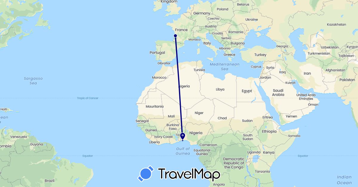 TravelMap itinerary: driving in Benin, France (Africa, Europe)